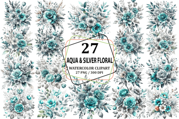 Download Aqua &amp; Silver Floral Bouquet Clipart PNG - Floral bouquet clipart Collection